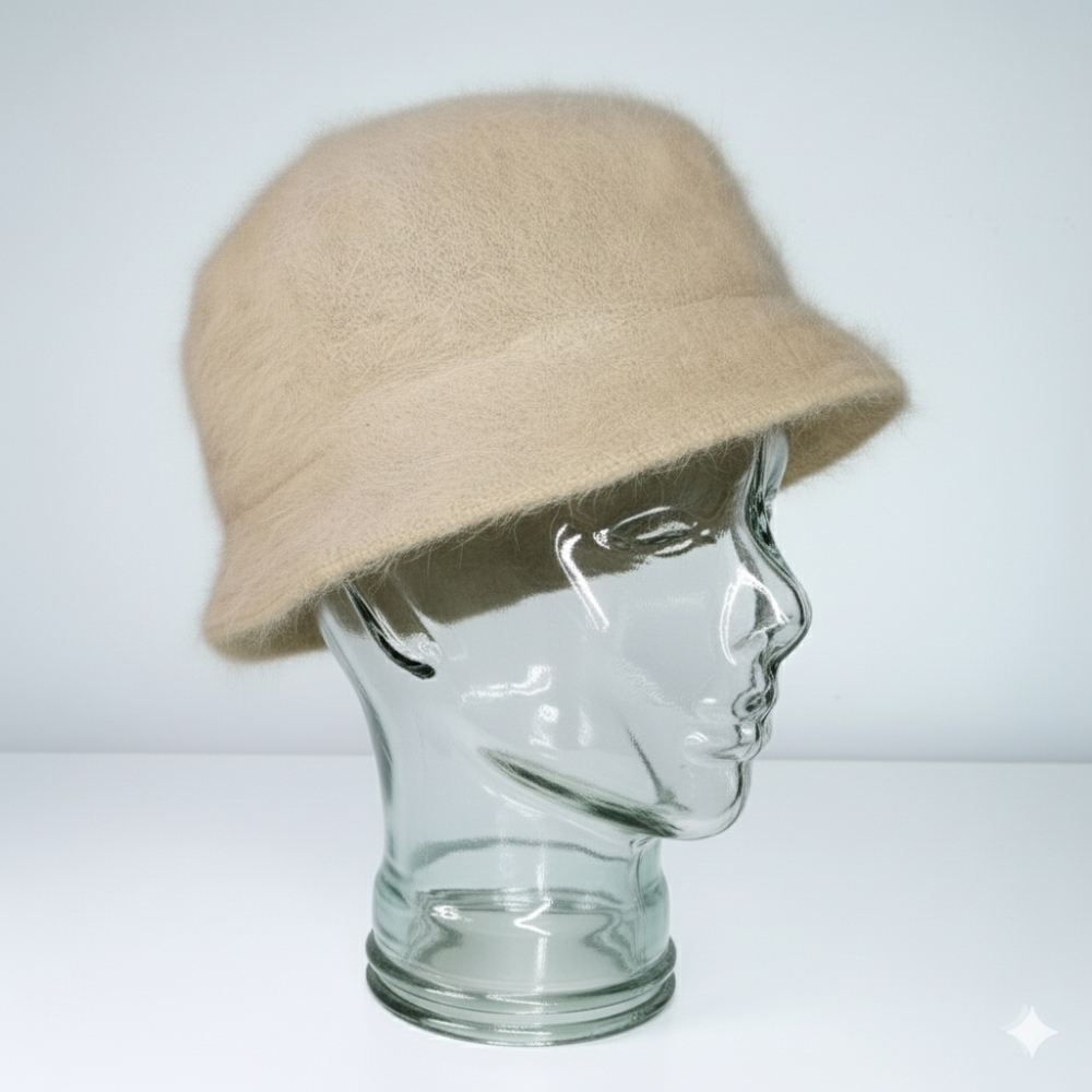 David & Young 22" NEW Halo Hat Angora Fuzzy Flexible Thin Bucket Beige Unisex